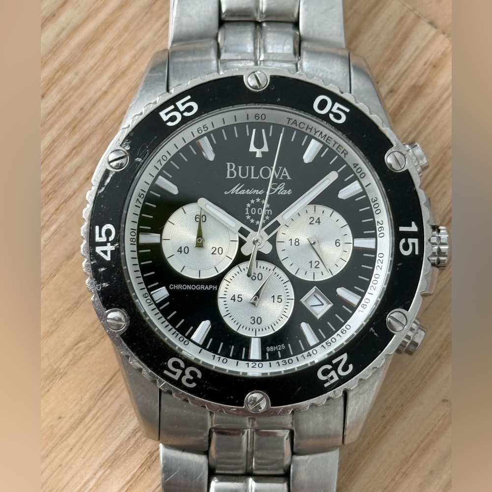 Bulova Marine Star Chronograph Watch Black Silver Dial Stainless Bracelet Date